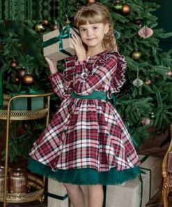 Vestido de Natal infantil menina Arco Tutu xadrez Festa Manga Longa Premium