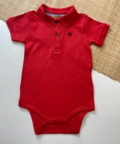 Camisa Polo em Body Manga Curta Infantil Bebê Menino Vermelho Luxo Festas