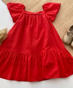 Vestido Infantil Bebê Menina Vermelho Manga Curta Verão em Cambraia Festas