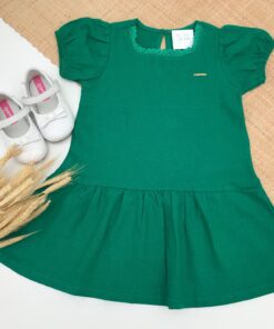 Vestido Infantil Festas Bebê Menina em Linho Verde Manga Princesa Rodado