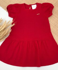Vestido Infantil Festas Bebê Menina em Linho Vermelho Manga Princesa Rodado