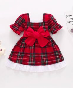 Vestido de Natal infantil menina Vermelho xadrez Festa Laço Gola Quadrada Manga Puff curta Premium