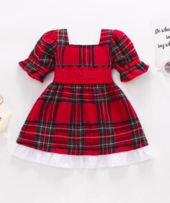Alternative view of Vestido de Natal infantil menina Vermelho xadrez Festa Laço Gola Quadrada Manga Puff curta Premium
