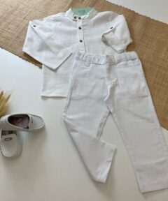 Conjunto Infantil Menino Calça Linho Branco Camisa Bata Gola Padre Branco Luxo Festas