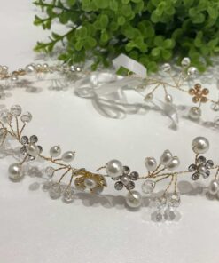 Arranjo Infantil Faixa de Cabelo Branco Perolado com Strass Flor Grinalda Penteado Daminha Batizado