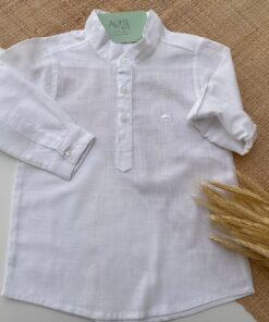 Alternative view of Conjunto Infantil Menino Batizado Festas Bermuda em Algodão Bege Bata Gola Padre em Cambraia Branco