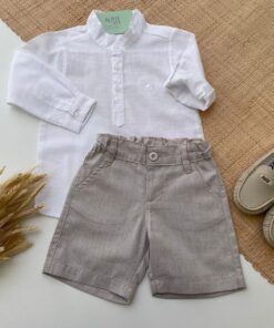 Conjunto Infantil Menino Batizado Festas Bermuda em Algodão Bege Bata Gola Padre em Cambraia Branco