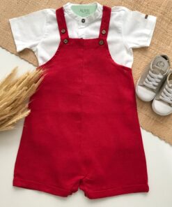 Conjunto Infantil Bebê Menino Body Gola Padre Branco Jardineira Bermuda em Linho Vermelho Luxo Festas