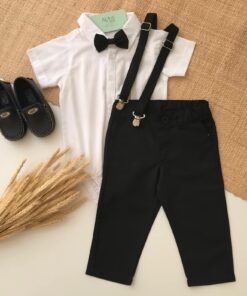 Conjunto Infantil Menino Body Manga Curta Calça Sarja Gravata e Suspensório Preto Premium
