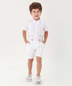 Conjunto Infantil Menino Camisa Bermuda Gravata Suspensório Branco Batizado Festas Premium