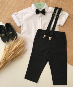 Conjunto Infantil Menino Camisa Manga Curta Calça Sarja Gravata e Suspensório Preto Premium