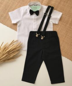 Conjunto Infantil Menino Camisa em Linho Branco Manga Curta Calça Sarja Gravata e Suspensório Preto Premium