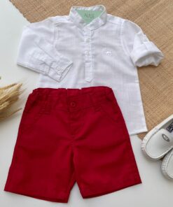 Conjunto Infantil Menino Natal Festas Bermuda Algodão Vermelho Bata Gola Padre em Cambraia Branco Manga Longa