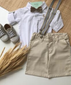 Conjunto Premium Infantil Menino Bermuda Sarja Body Manga longa Gravata Suspensório Bege Listras