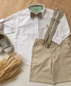 Conjunto Premium Batizado Infantil Menino Bermuda Sarja Camisa Manga longa Gravata Suspensório Bege