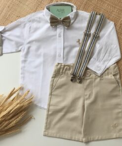 Conjunto Premium Batizado Infantil Menino Bermuda Sarja Camisa Manga longa Gravata Suspensório Bege Listras