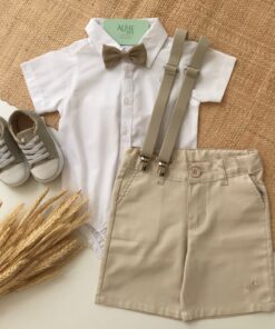 Conjunto Premium Infantil Menino Bermuda Sarja Body Manga Curta Gravata Suspensório Bege