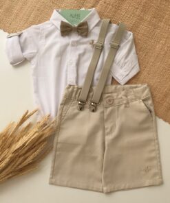 Conjunto Premium Infantil Menino Bermuda Sarja Body Manga longa Gravata Suspensório Bege
