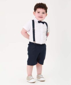 Conjunto Tales Premium Infantil Menino Body Branco Bermuda Suspensório e Gravata Azul Marinho