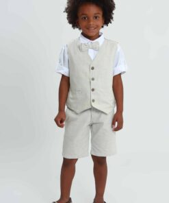 Conjunto Pedro Batizado infantil menino com Bermuda Linho Camisa Manga Curta Colete Linho Gravata Borboleta