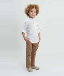 Conjunto infantil menino Calça Sarja Caqui e Bata gola padre Premium