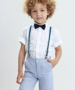 Conjunto infantil menino Camisa Manga Curta Bermuda Azul Jeans Suspensório e gravata borboleta Festas Casamento