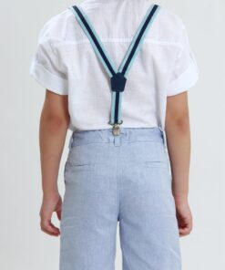 Alternative view of Conjunto infantil menino Camisa Manga Curta Bermuda Azul Jeans Suspensório e gravata borboleta Festas Casamento