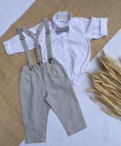 Conjunto Premium Infantil Menino Body Branco Calça e Gravata e Suspensório Cinza Festas