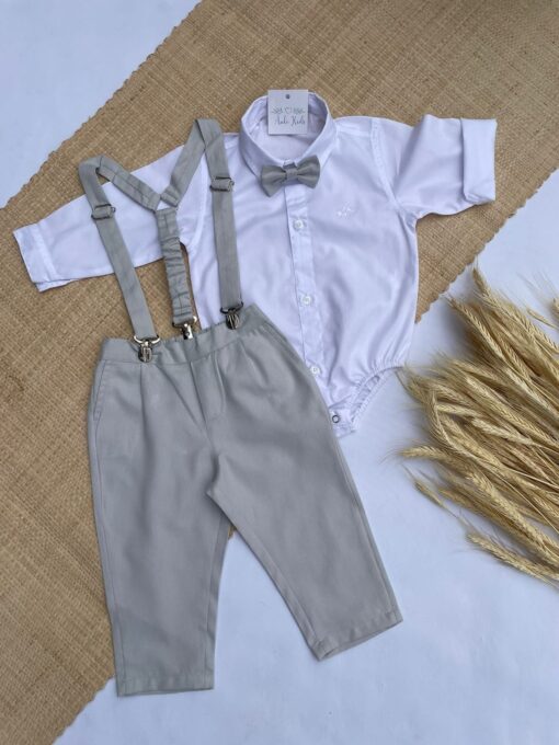 Conjunto Premium Infantil Menino Body Branco Calça e Gravata e Suspensório Cinza Festas