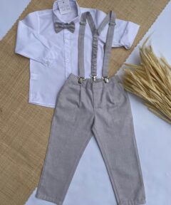Conjunto Premium Infantil Menino Camisa Branca Calça Gravata e Suspensório Bege Festas