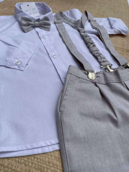Conjunto Premium Infantil Menino Camisa Branca Calça Gravata e Suspensório Bege Festas