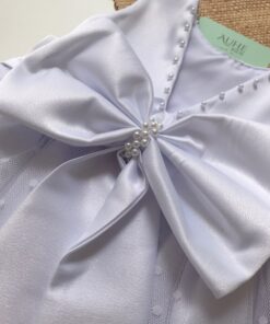 Vestido Infantil Elegante Menina Tule Gola e Costas Acabamento Pérolas Primavera Verão Daminha Batizado Branco Premium Luxo
