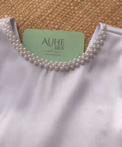 Vestido Infantil Elegante Menina Tule Gola e Costas Acabamento Pérolas Primavera Verão Daminha Batizado Branco Premium Luxo