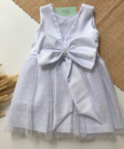 Vestido Infantil Elegante Menina Tule Gola e Costas Acabamento Pérolas Primavera Verão Daminha Batizado Branco Premium Luxo