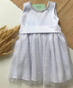 Vestido Infantil Elegante Menina Tule Gola e Costas Acabamento Pérolas Primavera Verão Daminha Batizado Branco Premium Luxo