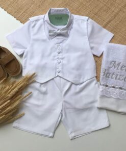 Conjunto Infantil Menino Premium Camisa Bermuda Colete e Gravata Borboleta Branco Luxo Festas