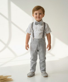 Conjunto Batizado Lucas Camisa Cambraia Manga Curta Calça Suspensório Gravata Cinza Tecido Flamê Linho Casamento