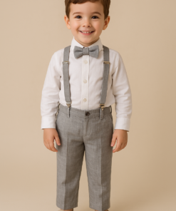 Conjunto Batizado Menino Breno Camisa Cambraia Manga Longa Calça Suspensório Gravata Cinza Tecido Flamê Casamento Pajem