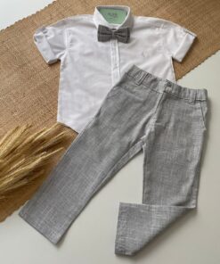 Alternative view of Conjunto Infantil Menino com Camisa Manga Curta Calça e Gravata Cinza em Tecido Flamê Batizado Casamento