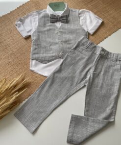 Conjunto Infantil Menino com Camisa Manga Curta Calça Colete e Gravata Cinza em Tecido Flamê Batizado Casamento