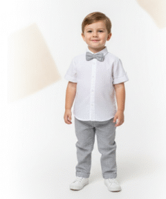 Conjunto Infantil Menino com Camisa em Cambraia Manga Curta Calça e Gravata Cinza em Tecido Flamê Batizado Casamento