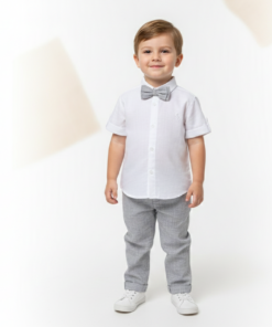 Conjunto Infantil Menino com Camisa em Cambraia Manga Curta Calça e Gravata Cinza em Tecido Flamê Batizado Casamento