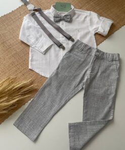Alternative view of Conjunto Batizado Menino Breno Camisa Cambraia Manga Longa Calça Suspensório Gravata Cinza Tecido Flamê Casamento Pajem