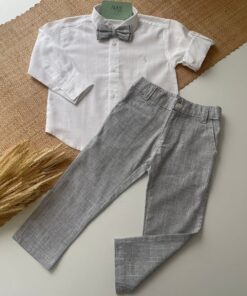 Conjunto Infantil Menino com Camisa em Cambraia Manga Longa Calça e Gravata Cinza em Tecido Flamê Batizado Casamento