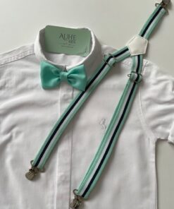 Kit Suspensório e Gravata Borboleta Infantil Verde Água com listras em Azul Marinho