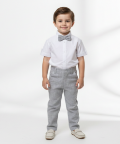 Conjunto Infantil Menino com Camisa Manga Curta Calça e Gravata Cinza em Tecido Flamê Batizado Casamento