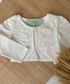 Alternative view of Bolero Infantil Batizado Branco em Algodão com Renda Guipir Manga Longa
