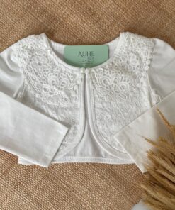 Bolero Infantil Batizado Branco em Algodão com Renda Guipir Manga Longa