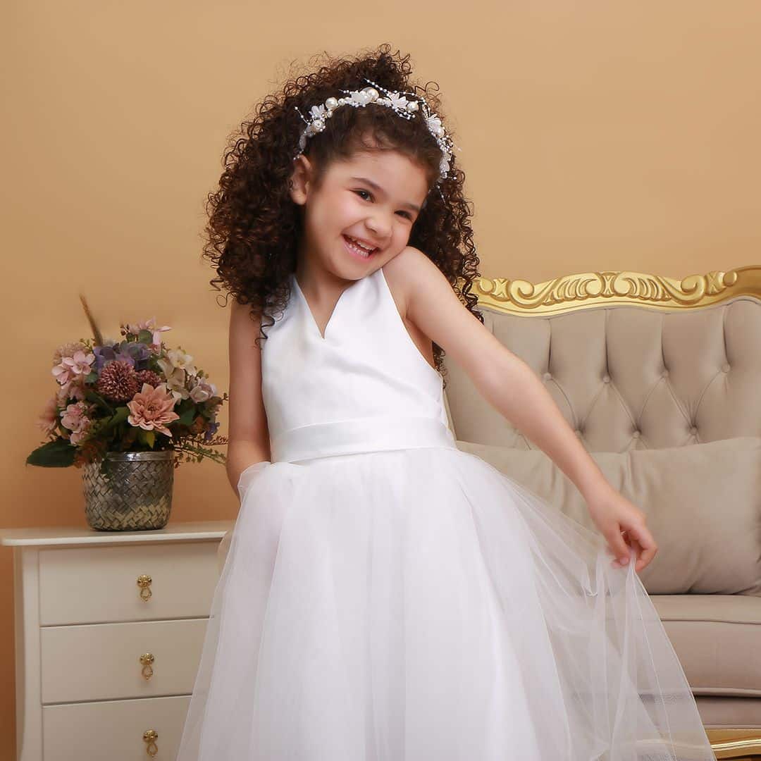 Vestido Helena Longo em Renda Chantilly Elegante infantil menina 1ª  Comunhão Festa Daminha Batizado Branco Premium Luxo - Auhe Kids