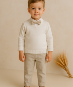 Conjunto Batizado Nicolas Luxo Casamento infantil menino Body Calça Linho Suéter Branco Gravata bege Luxo